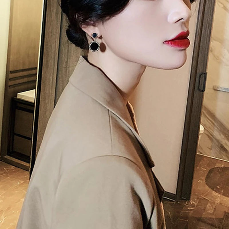 Black Round Rhinestone Drop Earrings for Women
