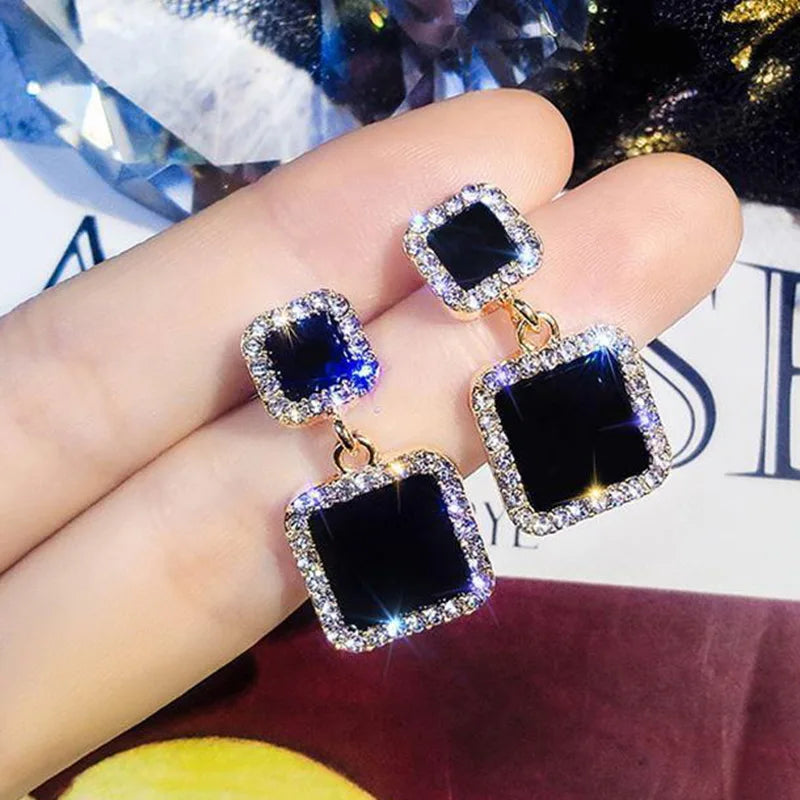 Black Round Rhinestone Drop Earrings for Women