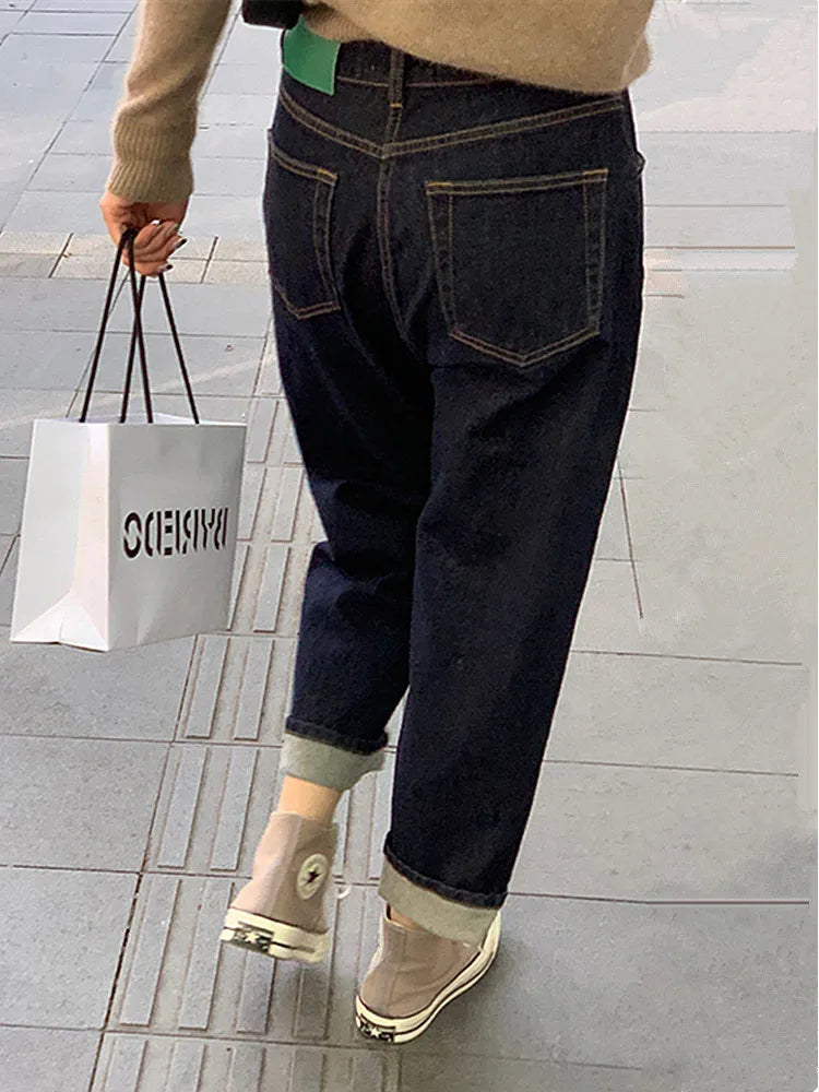 2023 Korean Y2K Fashion Dark Blue Cropped Haren Jeans Pants For Women Clothing Straight Casual Luxury Lady Trousers Ropa Mujer