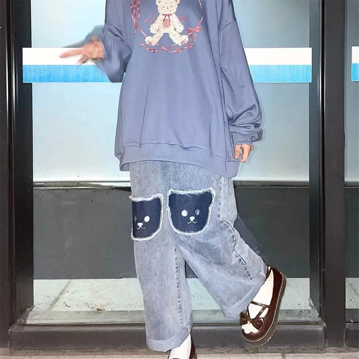 2023 Cute Hip Hop Bear Jeans Girls Cool Harm Pants Trousers Female Punk High Waist Denim Baggy INS Autumn Harajuku Jeans Femme