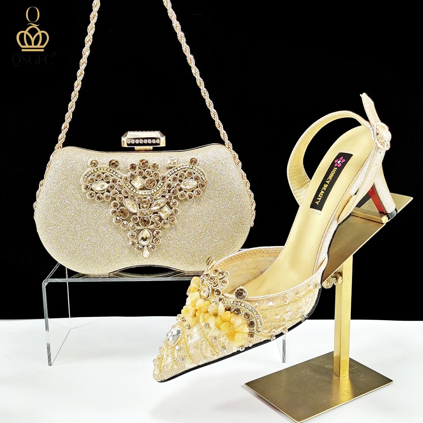 Elegant Women Heels Shoes And Bag Set Rhinestone with Coral Shoes