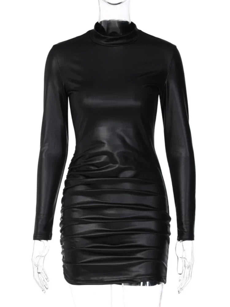 Sexy Imitation Leather Folds Slim Bodycon Dress