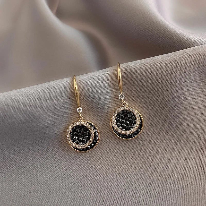 Black Round Rhinestone Drop Earrings for Women