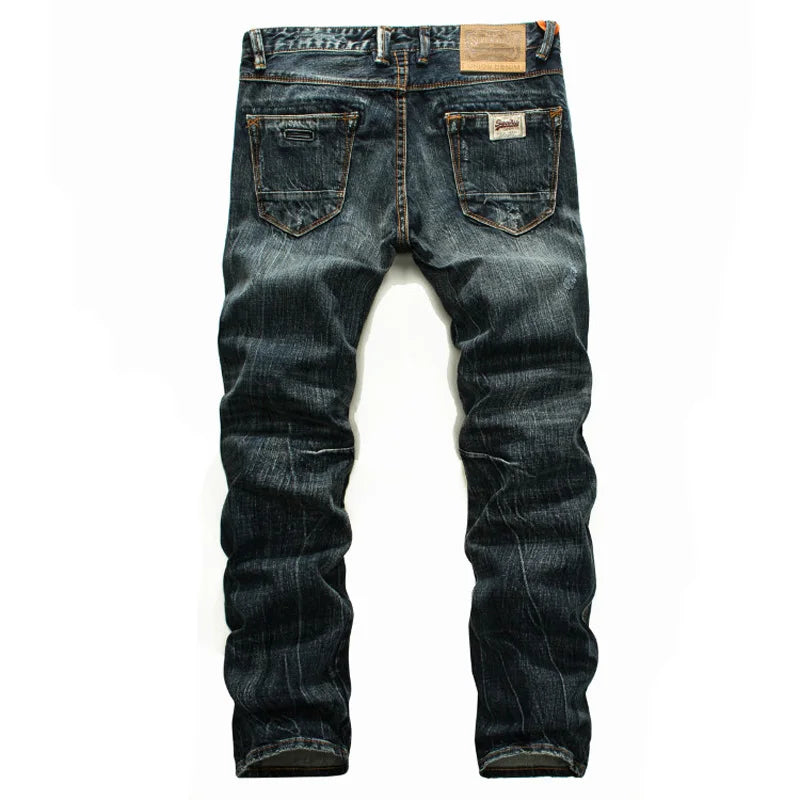 Men Jeans Retro Green Blue Slim Fit Ripped Jeans Men Trousers