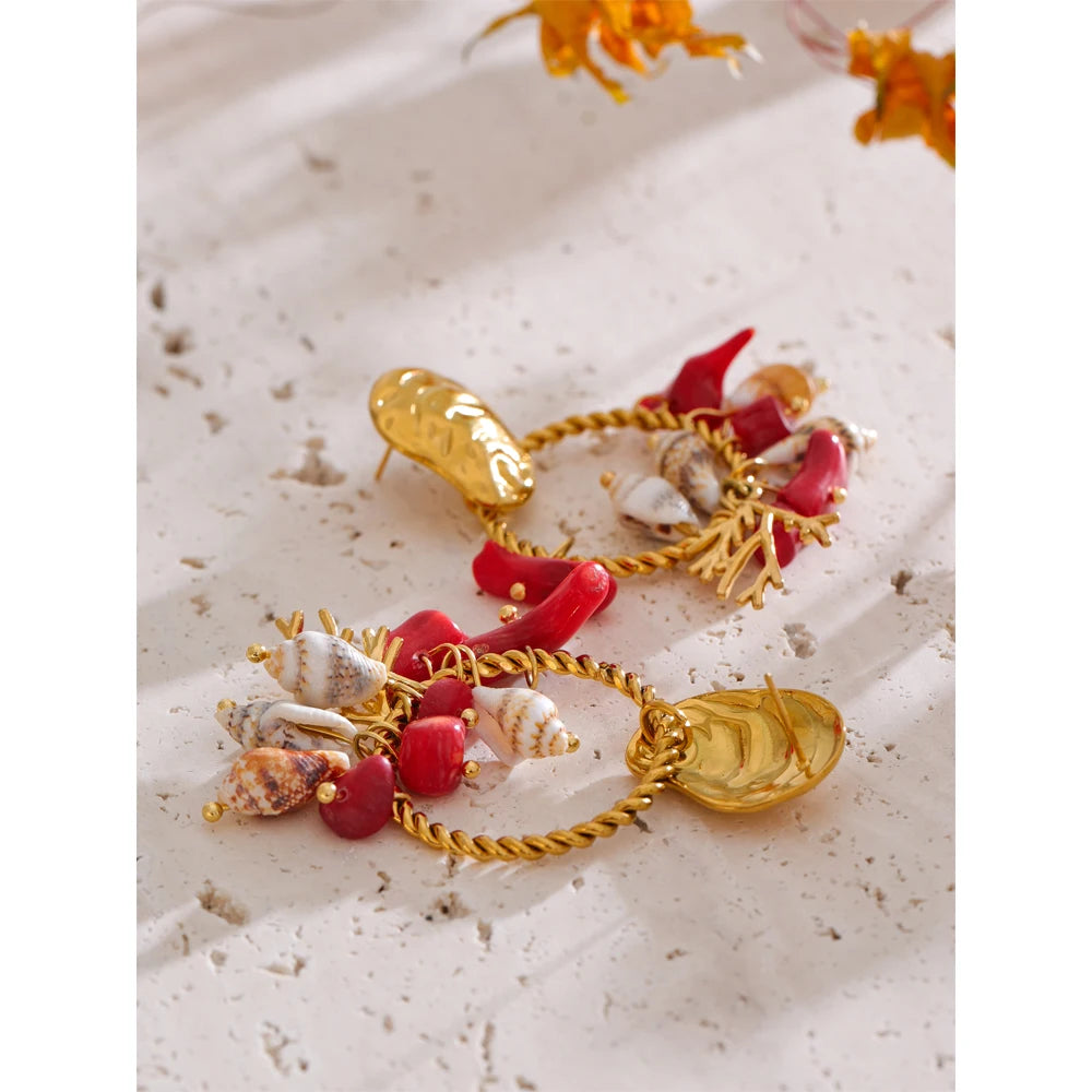 Ocean Holiday Red Natural Stone Shell Dangle Earrings