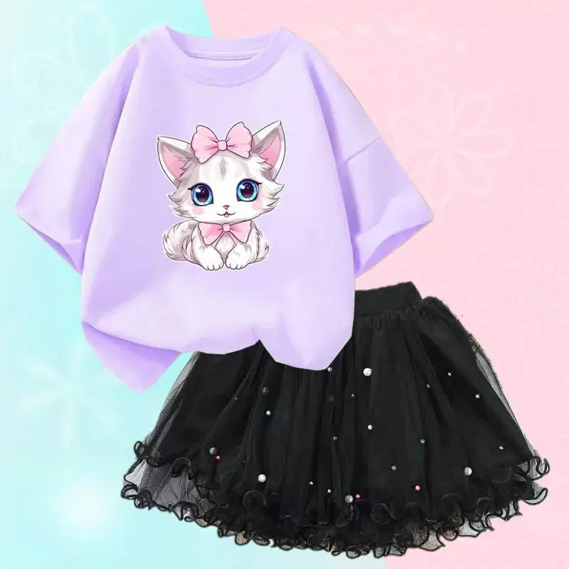Girls Outfits Cartoon Cat T-shirt