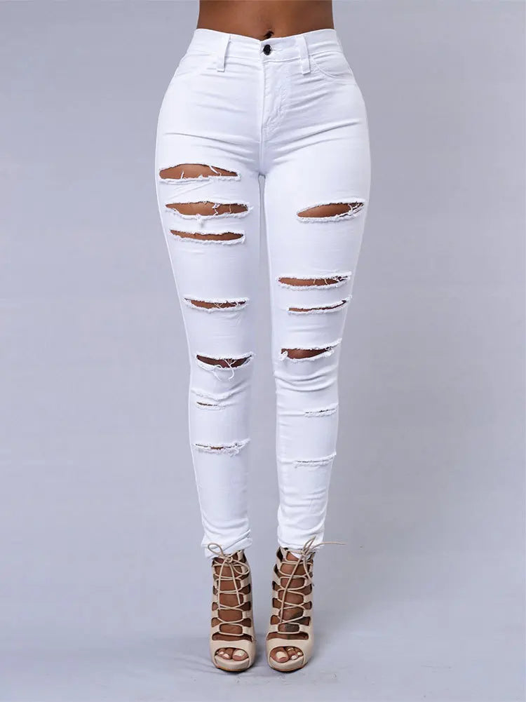 Black and White Ripped Jeans Fashion Skinny Denim Pencil Pants