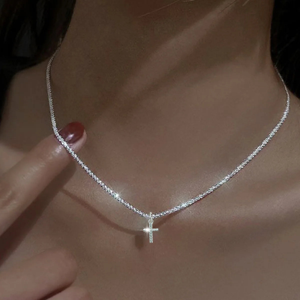 Sterling Silver Cross Zircon Necklace For Women
