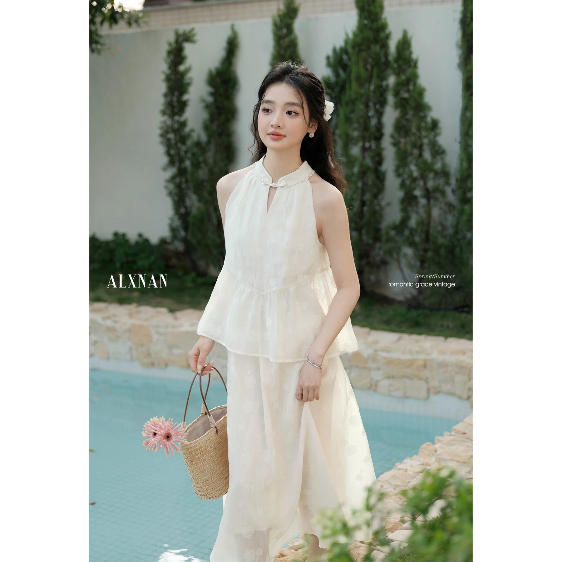 ALXNAN Women's Dress 2025 Summer Vacation Long One-piece Dress Elegant Holiday Party Casual Sleeveless Ladies Clothing L53733