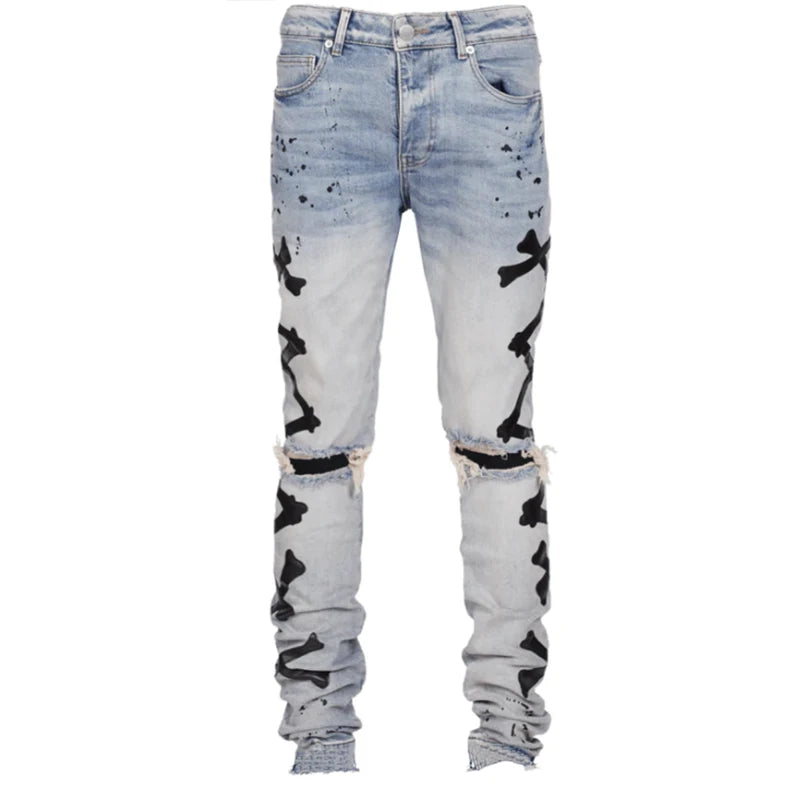 Ripped Jeans For Men Stretch Slim Printed Bones Skinny Pants Men