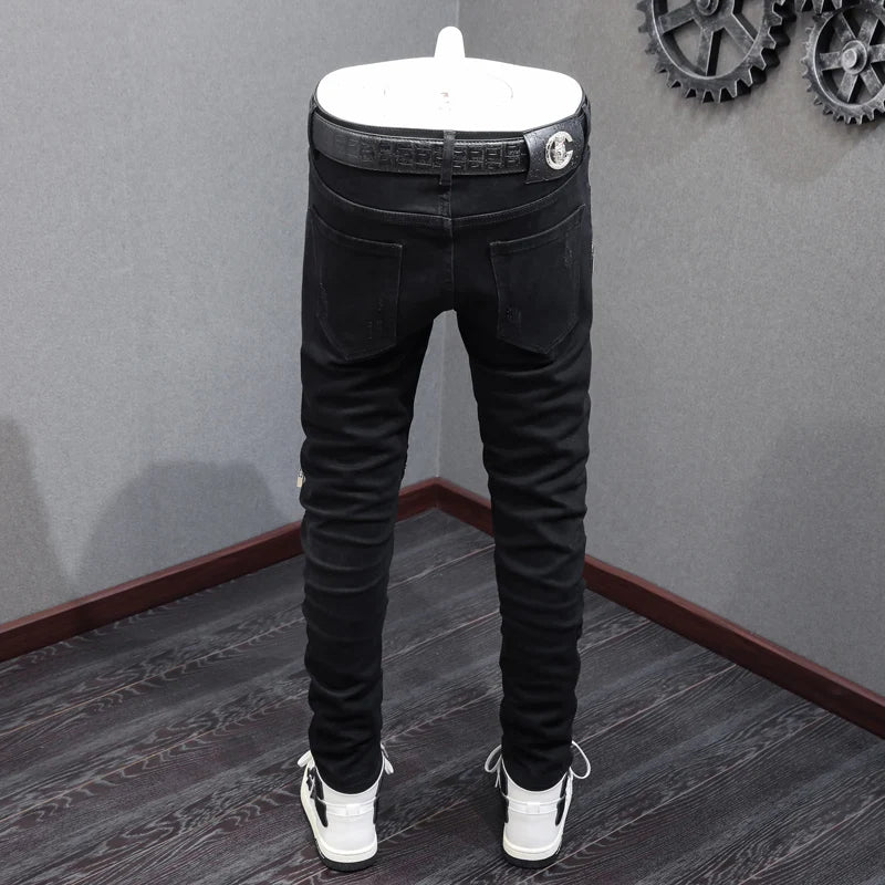 Men Jeans Black Stretch Skinny Punk Trousers Elastic Ripped Jeans