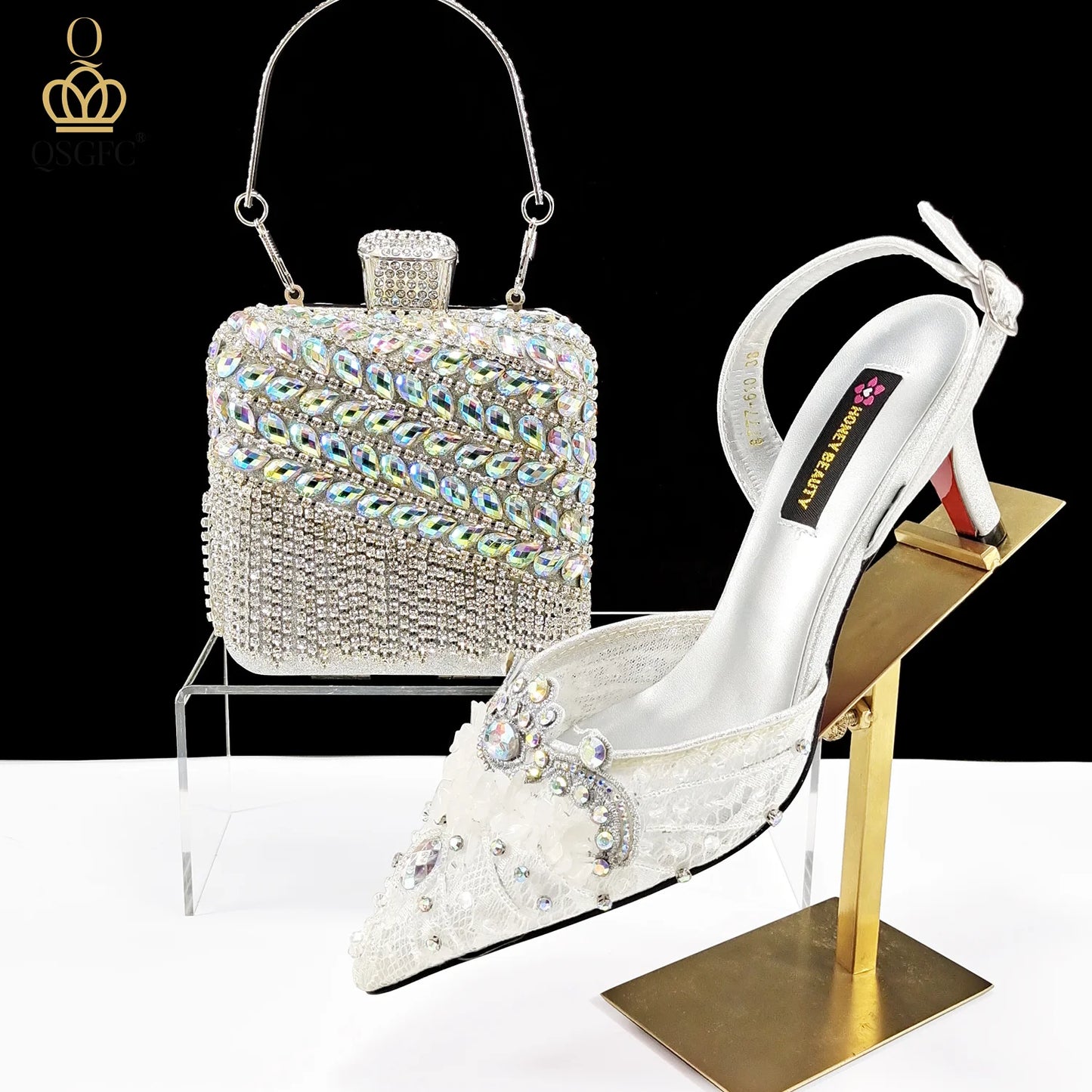 Elegant Women Heels Shoes And Bag Set Rhinestone with Coral Shoes