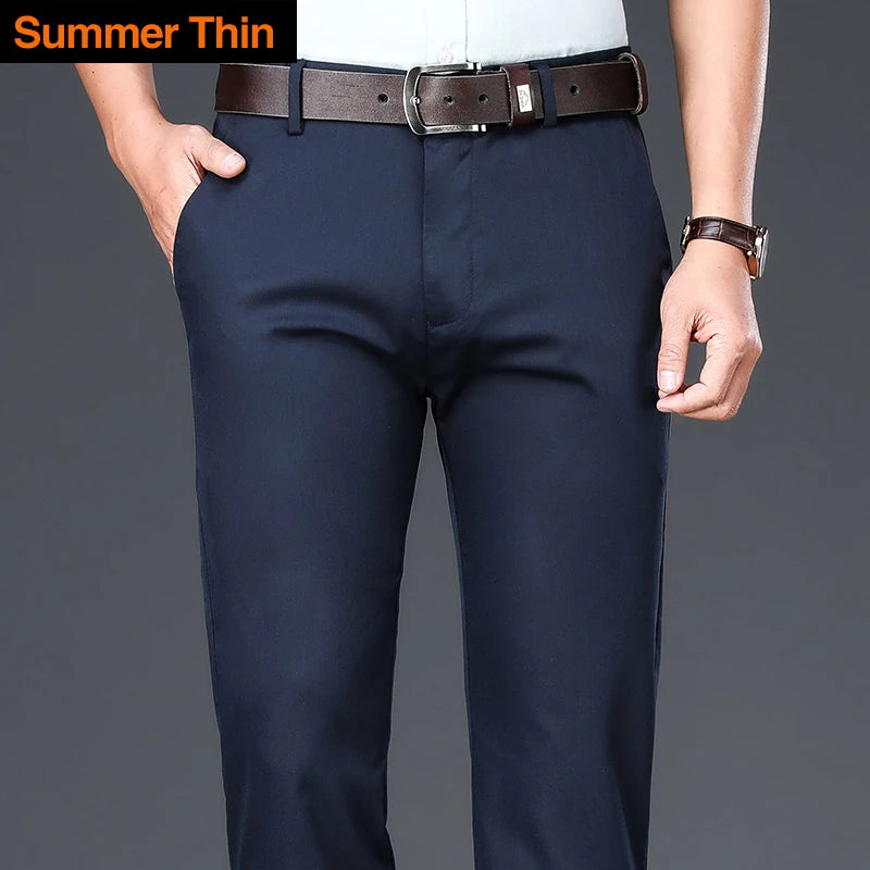 Men's Bamboo Fiber Thin Casual Pants Spring Summer New Straight Stretch Business Classic Trousers Male Brand Clothing
