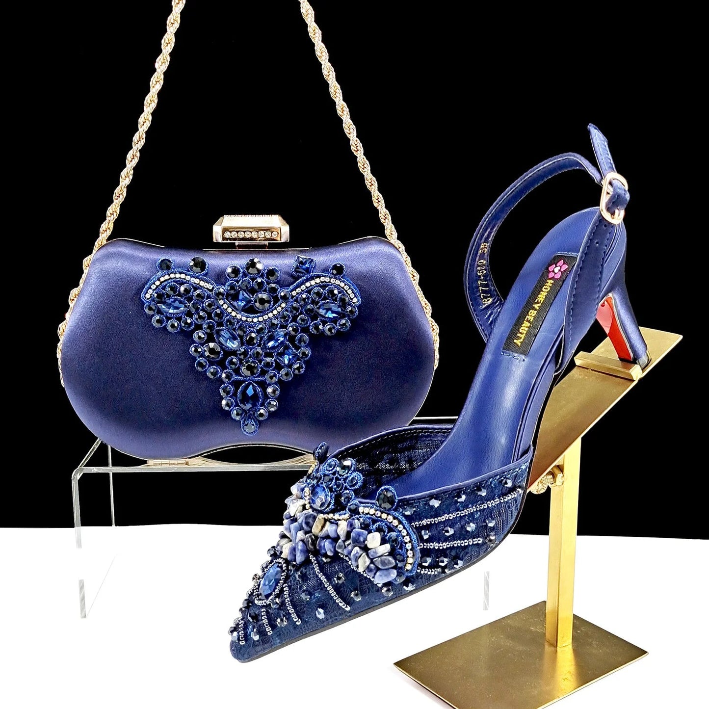 Elegant Women Heels Shoes And Bag Set Rhinestone with Coral Shoes