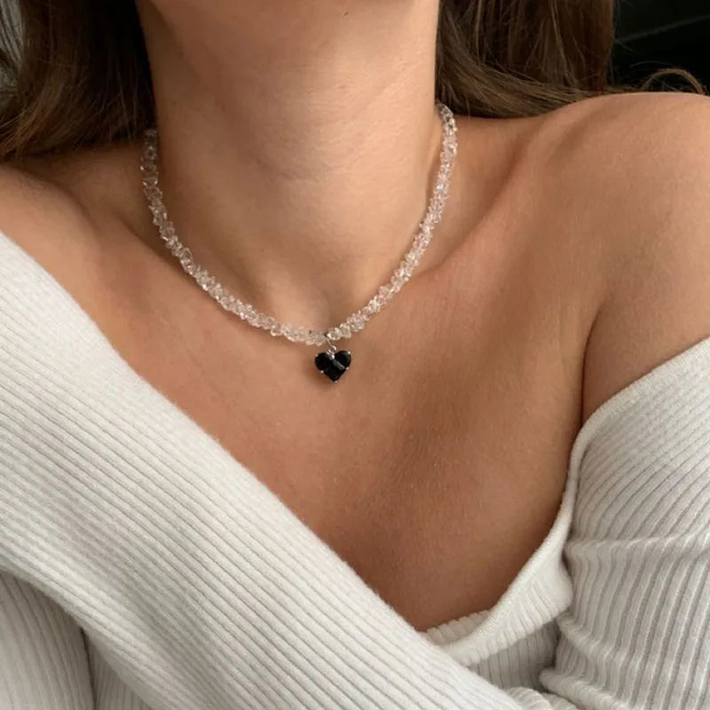 Irregular Beads Chain With Crystal Heart Pendant Necklace for Wome