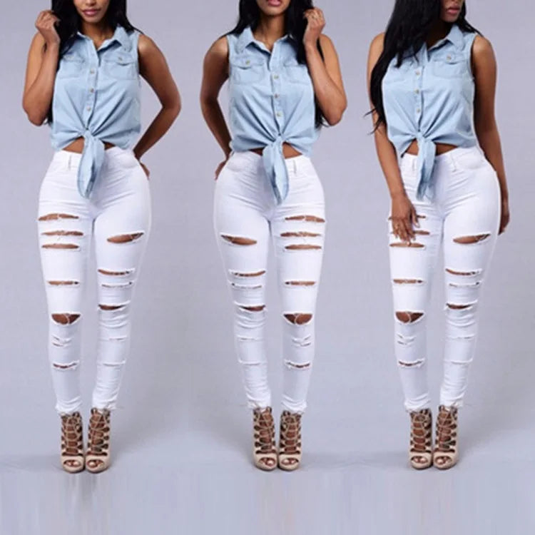 Black and White Ripped Jeans Fashion Skinny Denim Pencil Pants