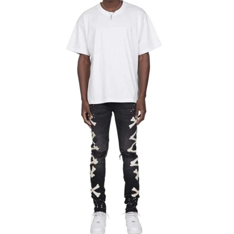 Ripped Jeans For Men Stretch Slim Printed Bones Skinny Pants Men