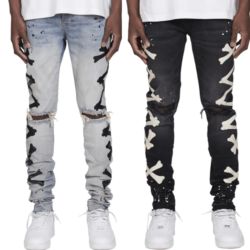 Ripped Jeans For Men Stretch Slim Printed Bones Skinny Pants Men