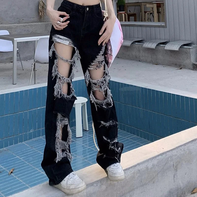 New Y2k Washed Mopping Pants Broken Hole Jeans All-Match Distressed Women High Street Hip Hop High Waist Straight Loose Trousers