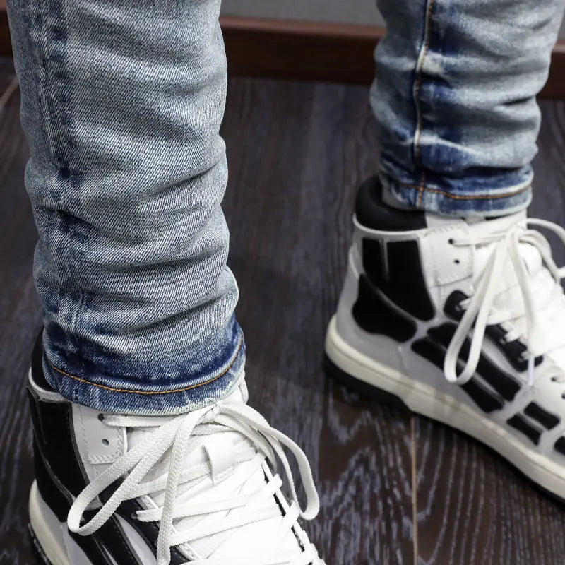 Men Jeans Retro Blue Stretch Skinny Fit Hole Ripped Jeans Men
