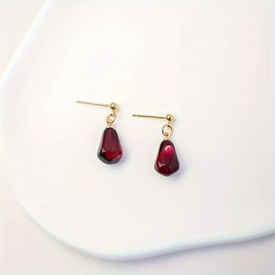 Creative Red Pomegranate Seed Pendant Golden Ear Studs