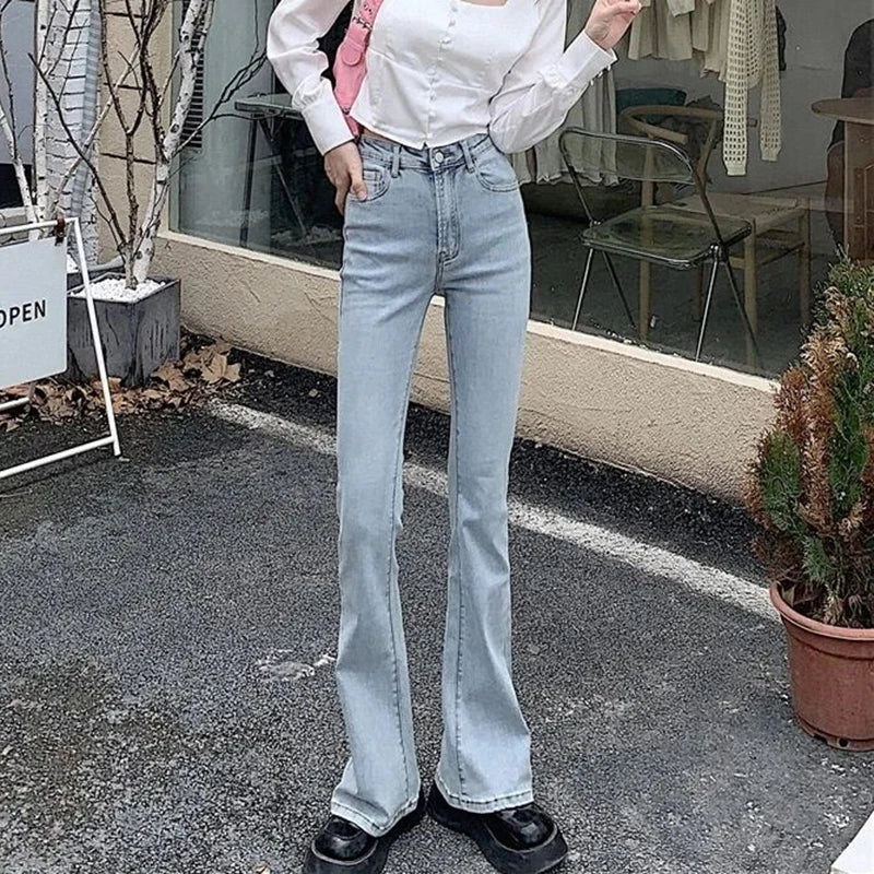 2024 Woman High Waist Vintage Flare Jeans Female Elastic Bell Bottom Pants Girls Black Brown Deep Blue Light Blue Denim Trousers
