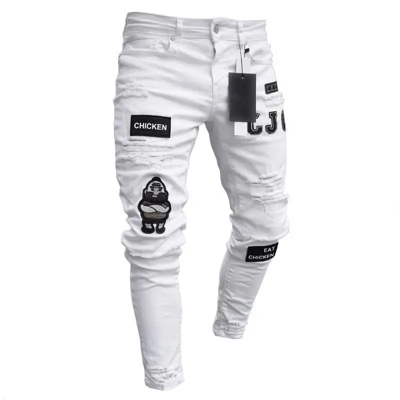 White Embroidery Skinny Ripped Jeans Men Cotton Pants