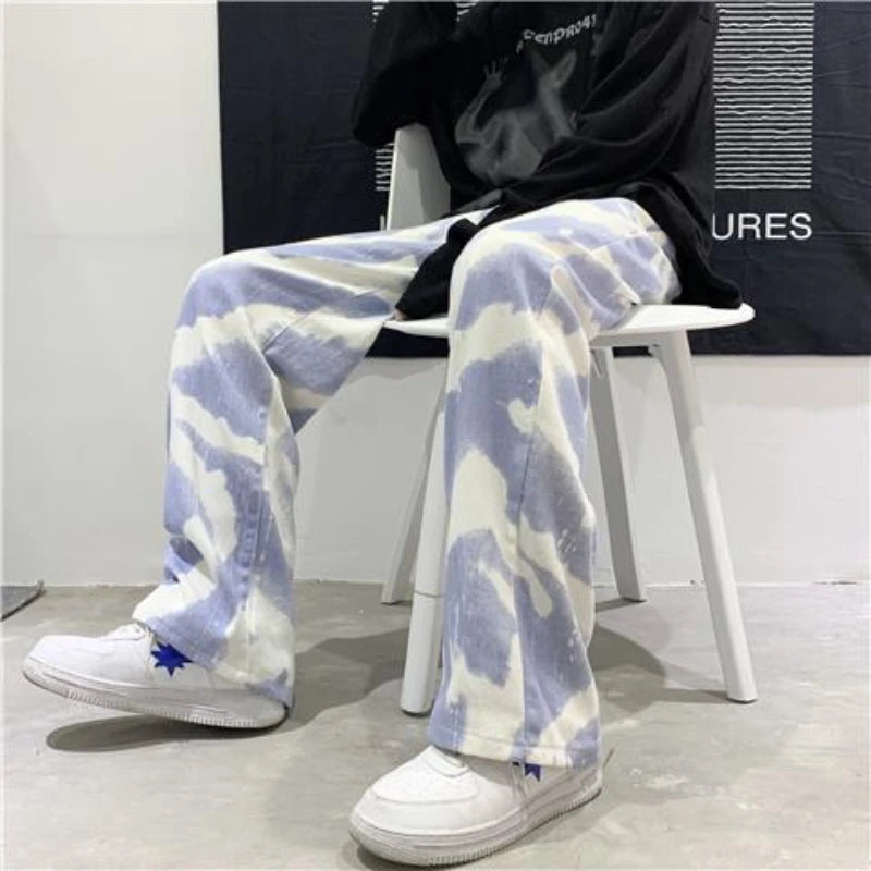 Zebra Printed Jeans Men Straight Casual Wide Leg Oversize Denim Pants