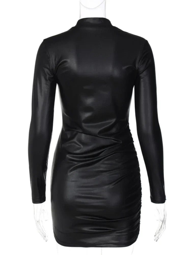Sexy Imitation Leather Folds Slim Bodycon Dress