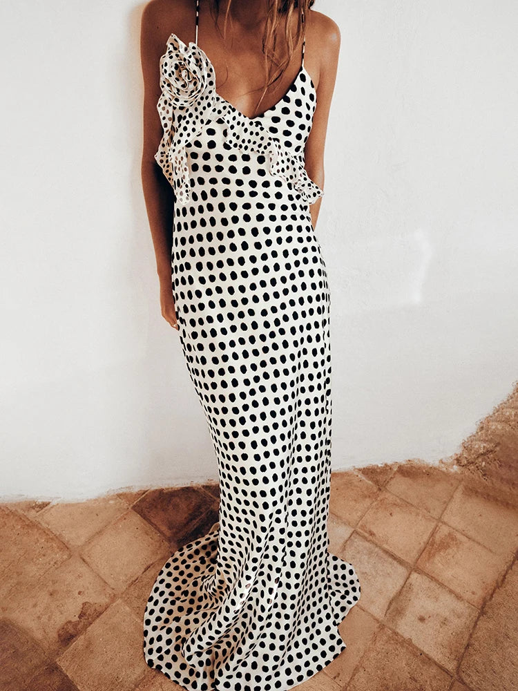 Backless Print Dots Flower Women Maxi Dress Spaghetti Strap Evening Dress