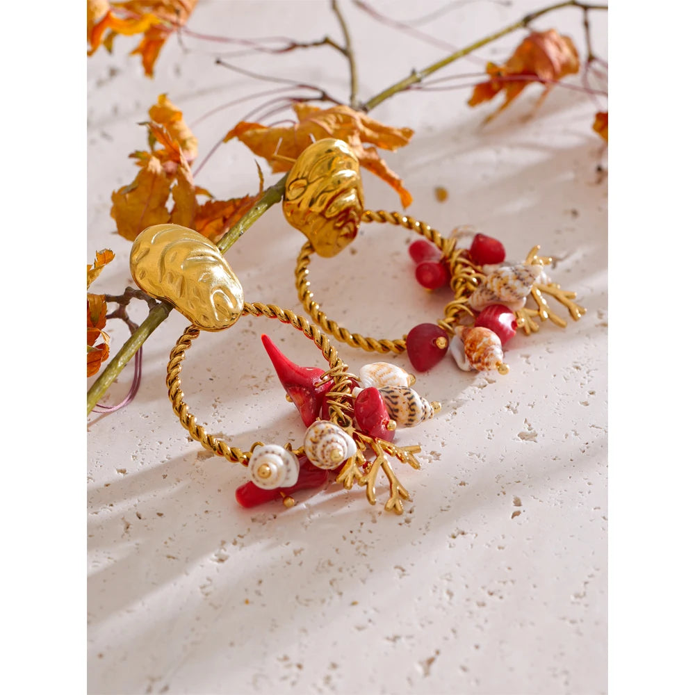 Ocean Holiday Red Natural Stone Shell Dangle Earrings