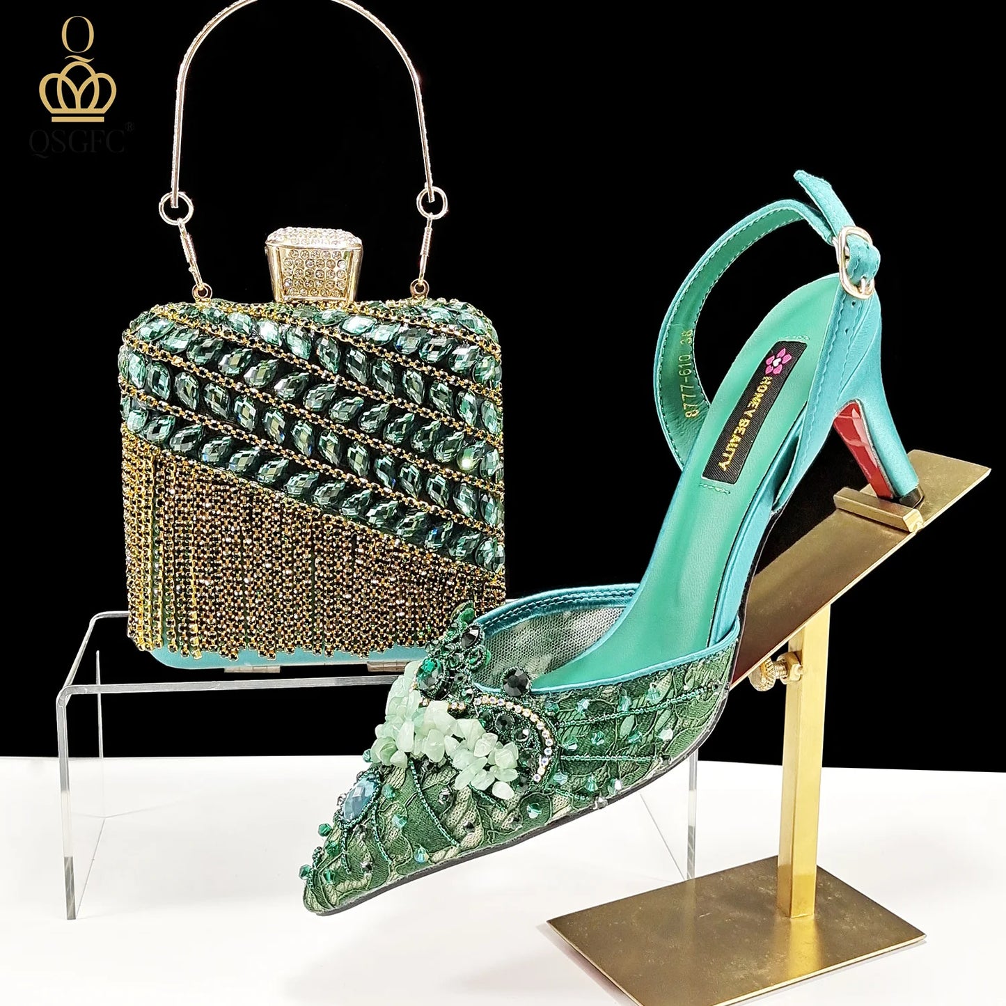 Elegant Women Heels Shoes And Bag Set Rhinestone with Coral Shoes