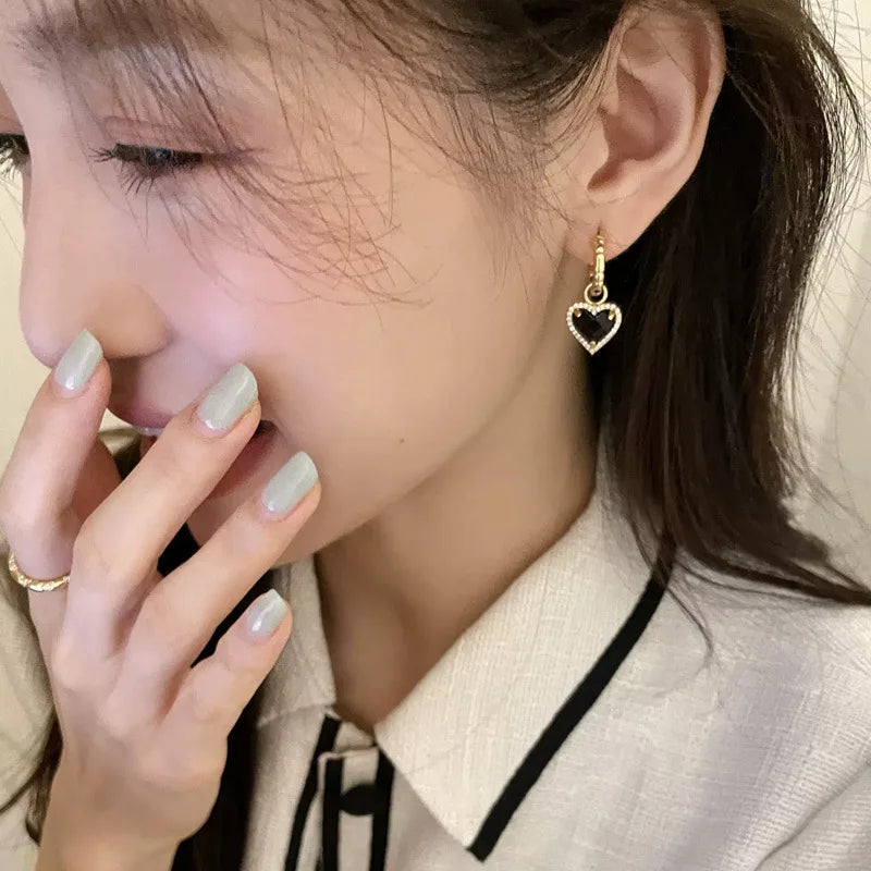 Fashion Black LOVE Heart Zircon Drop Earrings for Women