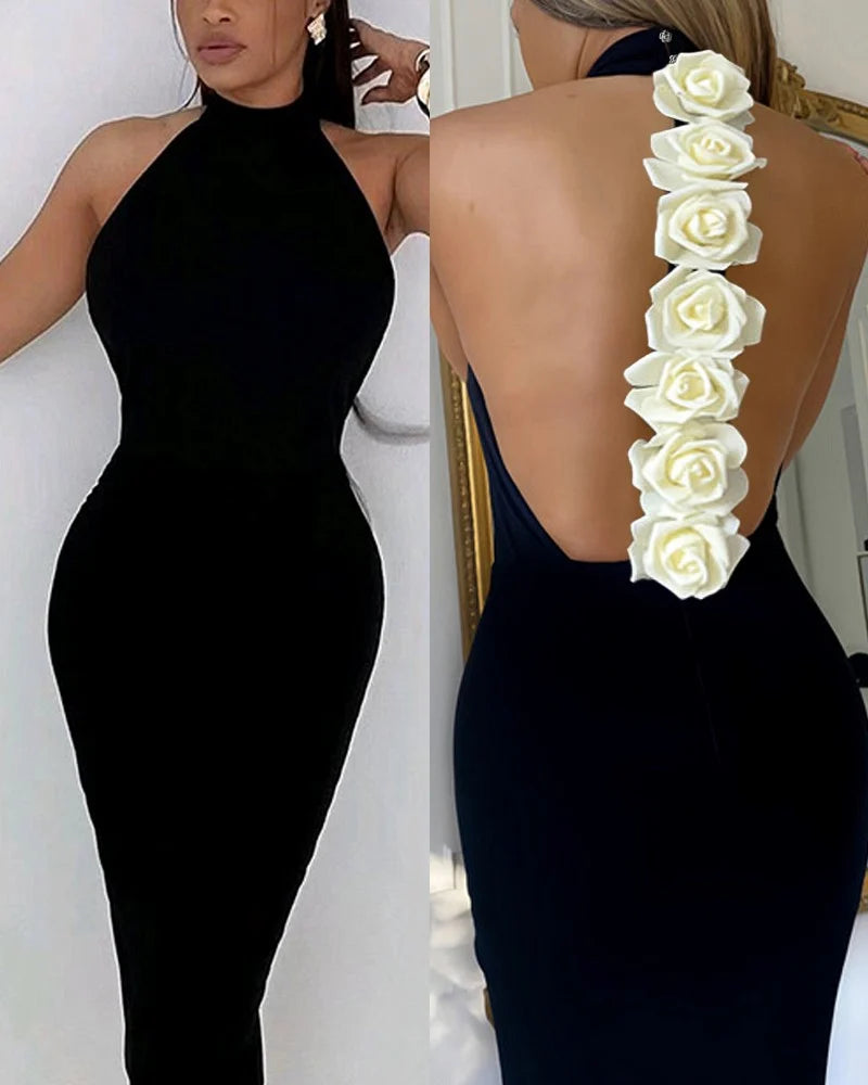 Elegant Rose Detail Dress Mock Neck Sleeveless Backless Bodycon