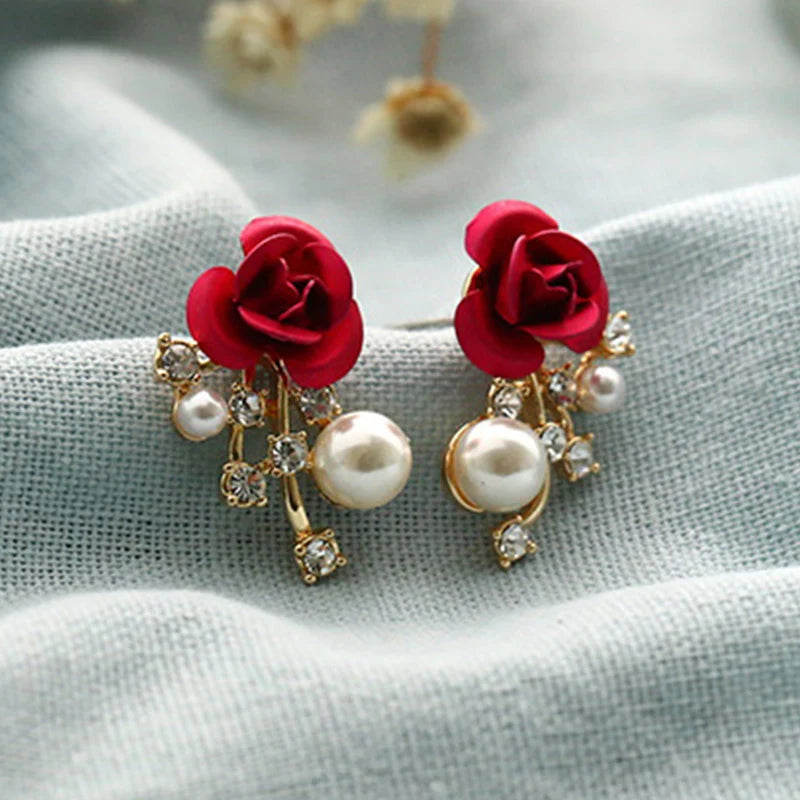 Classic Wine Red Flowers Tassel Earrings For Women