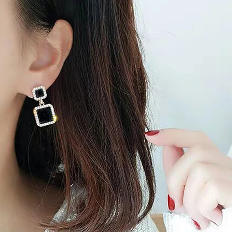Black Round Rhinestone Drop Earrings for Women