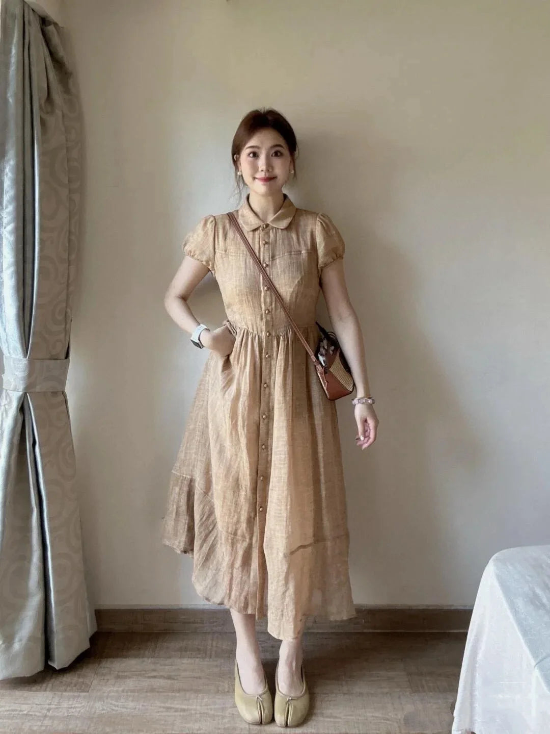 Summer elegant fitted solid color short sleeve dress