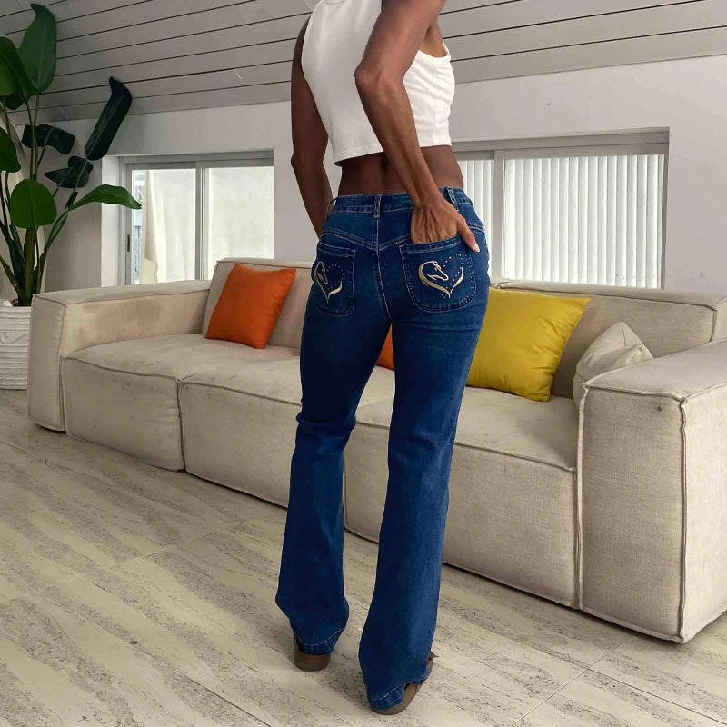 【HME】Women's High-Waisted Embroidered Flare Jeans - Stretch Denim Bell Bottoms with Heart Design, Mid-Rise, Slim Fit,