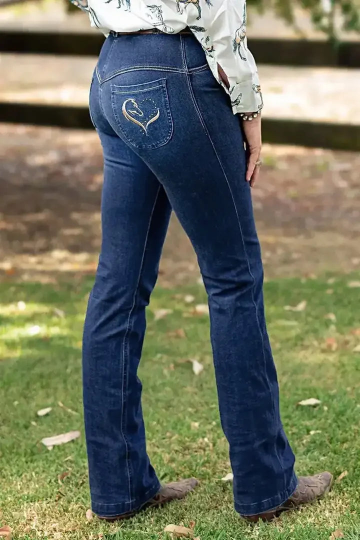【HME】Women's High-Waisted Embroidered Flare Jeans - Stretch Denim Bell Bottoms with Heart Design, Mid-Rise, Slim Fit,