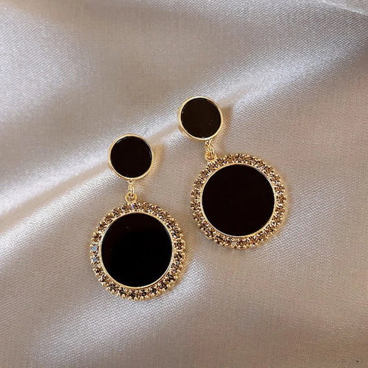 Black Round Rhinestone Drop Earrings for Women