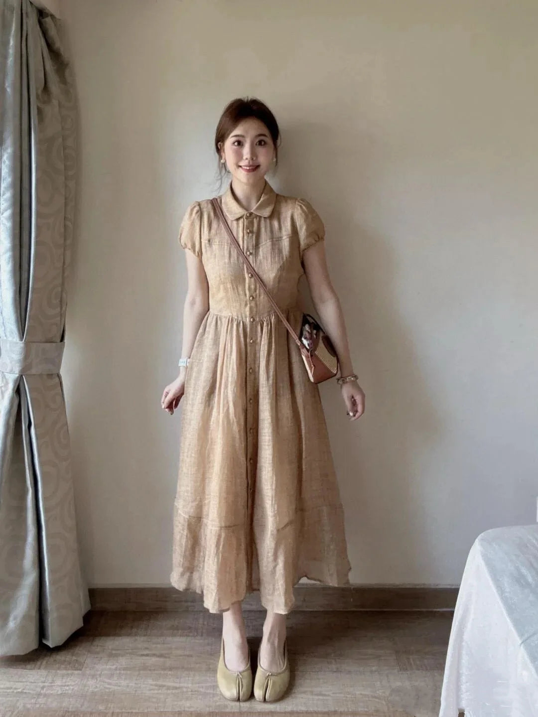 Summer elegant fitted solid color short sleeve dress