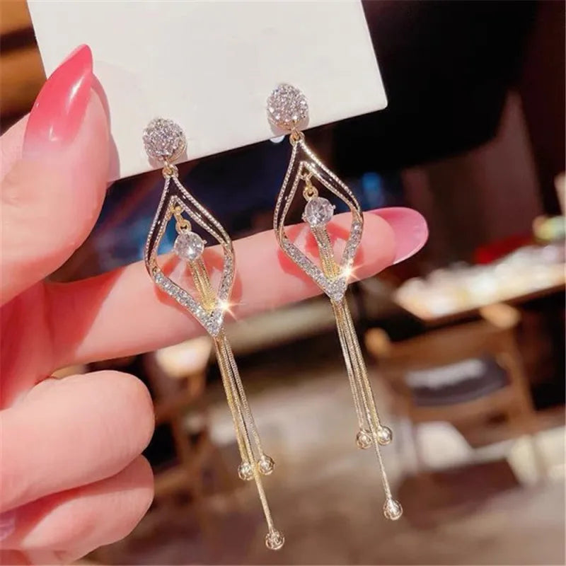 Gold Plated Crystal Leaf Tassel Drop Earrings for Women