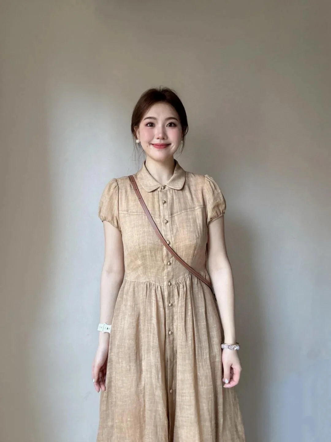 Summer elegant fitted solid color short sleeve dress