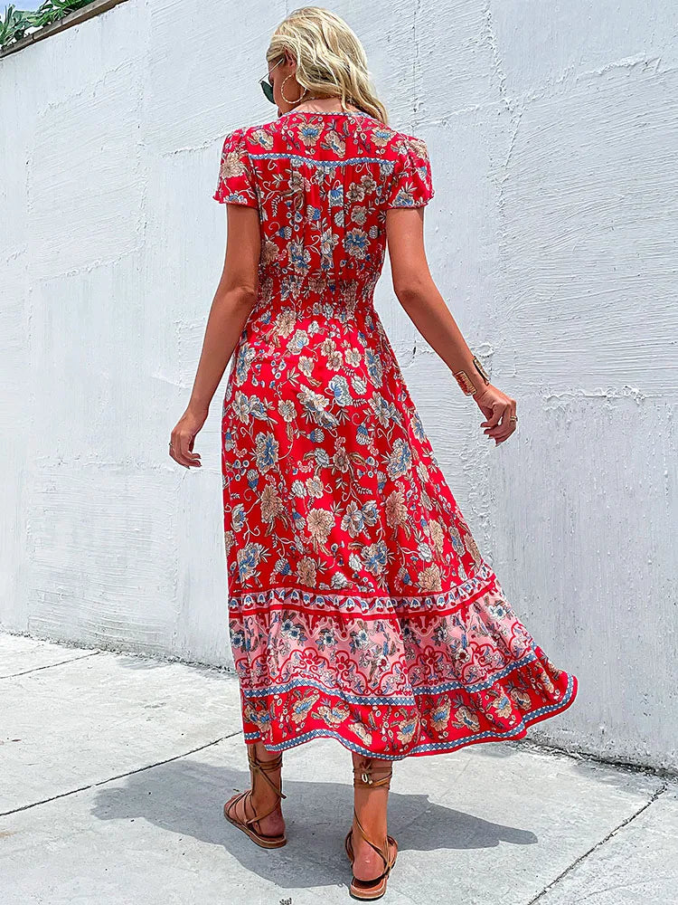 JIM & NORA Vintage Floral Boho Printed Vestidos Women Short Sleeves V Neck Slit Midi Dresses A Line Bohemian Summer Beach Dress
