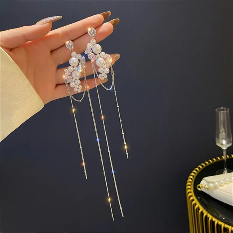 Gold Plated Crystal Leaf Tassel Drop Earrings for Women
