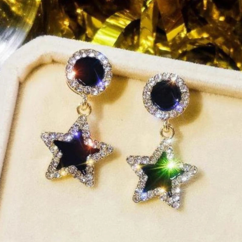 Black Round Rhinestone Drop Earrings for Women