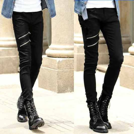 Men's Fashion Thin Double Zipper Skinny Jeans Men