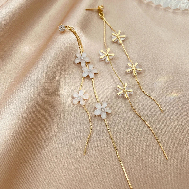 Women Resin Flower Rhinestone Tassel Long Earrings