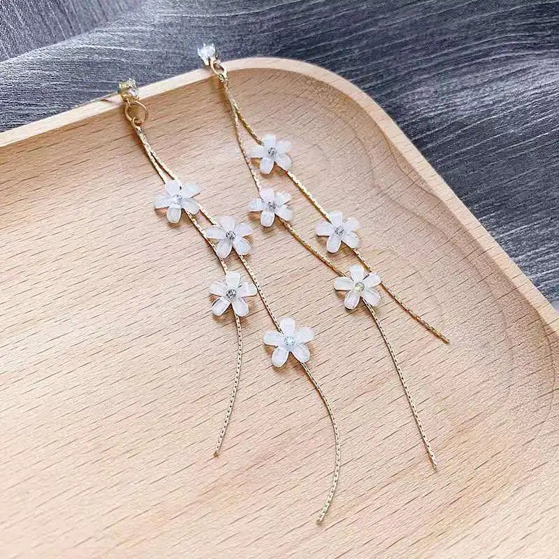 Women Resin Flower Rhinestone Tassel Long Earrings