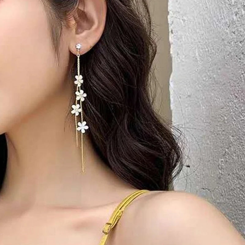 Women Resin Flower Rhinestone Tassel Long Earrings